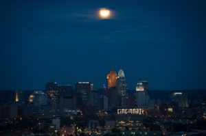 Downtown Cincinnati At Night With Moon Overhead