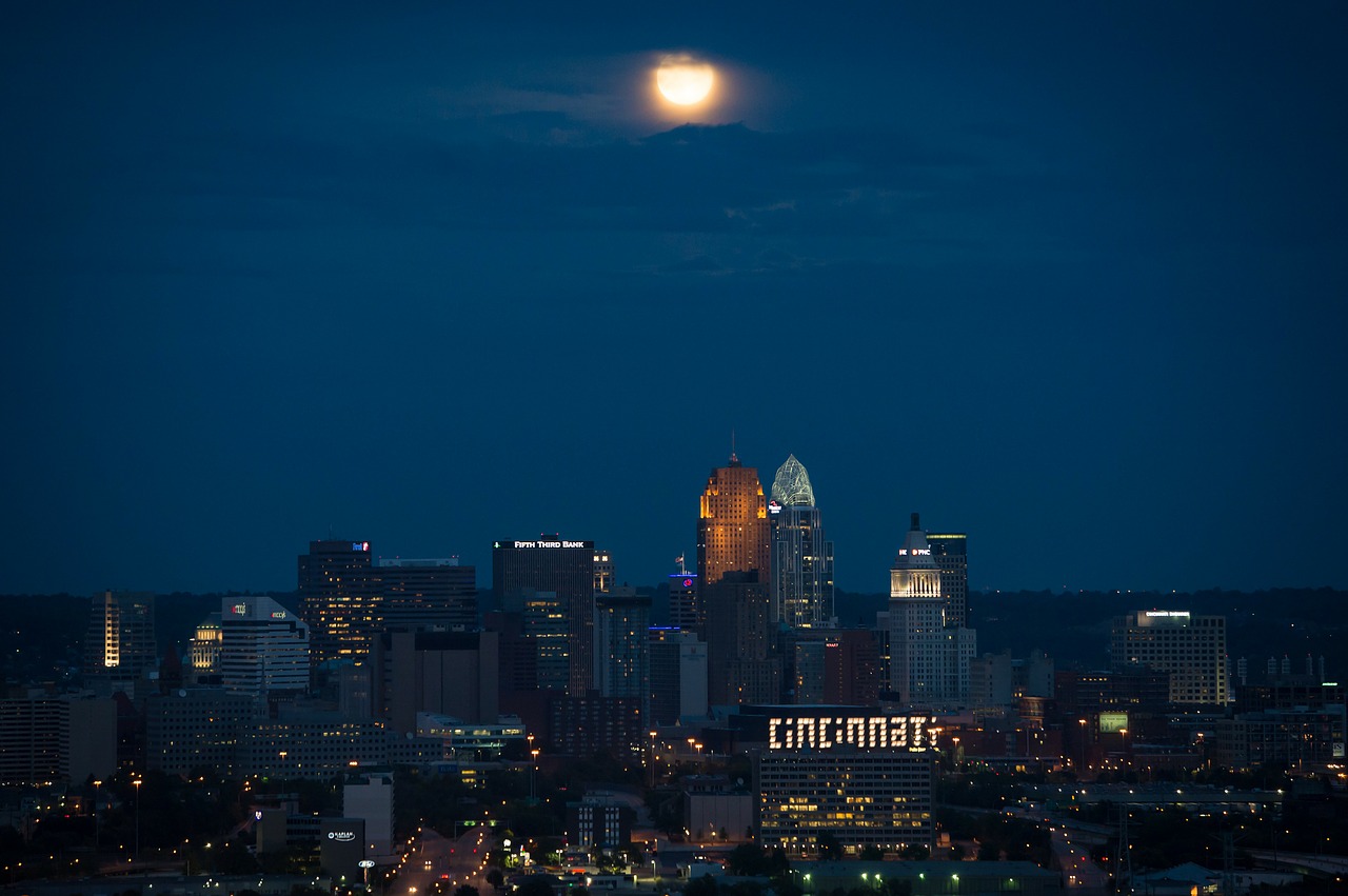 Downtown Cincinnati At Night With Moon Overhead